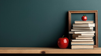 Poster - Stack of books and a red apple placed on a wooden shelf, with an empty picture frame around the books and a second apple on top, against a dark green wall.