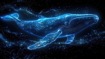 Aufkleber - In the dark black background, a blue whale made of glowing particles is floating in space.