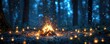 © Thamonchanok - A serene campfire glowing in a dark forest, surrounded by twinkling lights and blue tones, creating a magical atmosphere.