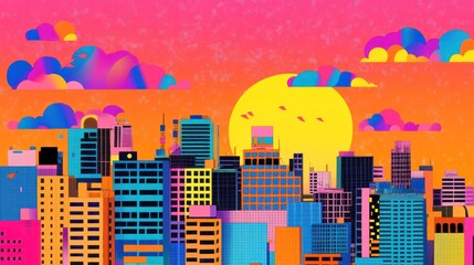 Canvas Print - A vibrant city skyline at sunset with colorful buildings and stylized clouds.