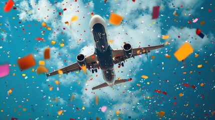 Poster - An airplane soaring through a bright blue single colored background, surrounded by a whirlwind of vibrant, colorful confetti. The airplane is sleek and modern, The confetti swirls around the aircraft.