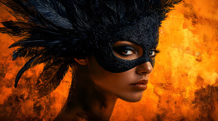 Wall Mural - A painting depicts a female face concealed by a black mask, adorned with feathers on her head, set against an orange backdrop