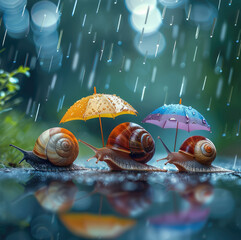 Poster - Three snails with colorful umbrellas in the rain.