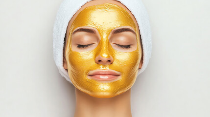 A woman with a golden facial mask relaxes with eyes closed, showcasing skincare and beauty routines. The white background emphasizes her serene expression and glowing complexion.