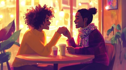 Sticker - Two friends enjoying coffee and conversation in a cozy caf? with warm lighting.