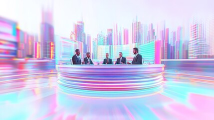 Canvas Print - A futuristic panel discussion set against a vibrant city skyline.