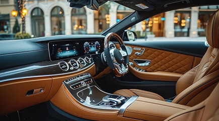 Poster - Interior of a luxury car, Design Leather, Seats Dashboard, Gear Shift.