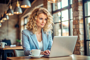 A blonde businesswoman in a cafe. She is wearing a casual blue jacket. A woman is working on a laptop, next to a cup of coffee. The businesswoman looks at the computer screen.