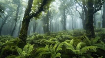 Aufkleber - A dense wild forest, trees and ferns and moss, fog.