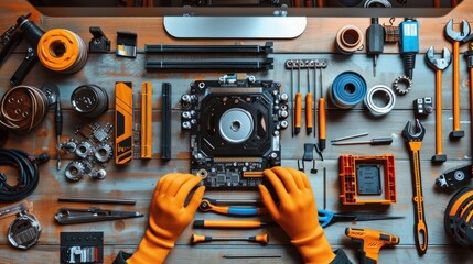 A technician installing a new hard drive into a desktop computer, with various tools spread out on the workbench. The image captures the hands-on aspect of hardware upgrades and repairs.