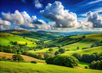 Wall Mural - Serene Landscape with Rolling Green Hills Under a Bright Blue Sky and Fluffy White Clouds in Summer