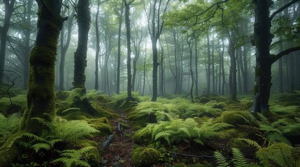 Wall Mural - A dense wild forest, trees and ferns and moss, fog.