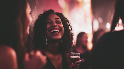 Poster - A joyful woman laughing in a social setting, holding a drink with friends nearby.