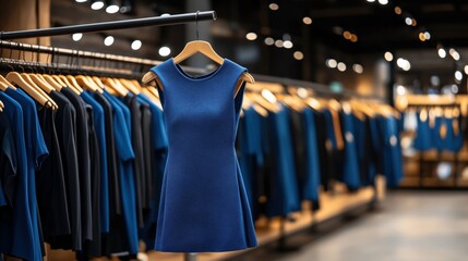 Wall Mural - A blue sleeveless dress on a hanger in a modern clothing store with racks of similar garments in the background, featuring a stylish retail environment.