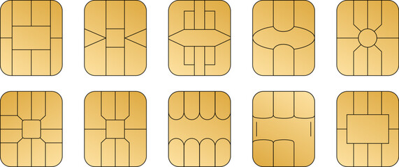 Leinwandbilder - EMV chip golden vector icons. Set line nfc symbol. Contactless payment at terminals and ATMs. Square computer microchips for credit debit cards. 