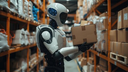 Fototapete - A robot warehouse worker moving boxes in a warehouse setting. with neatly arranged shelves filled with boxes.