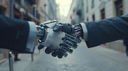 Aufkleber - Two robots shaking hands in a city street