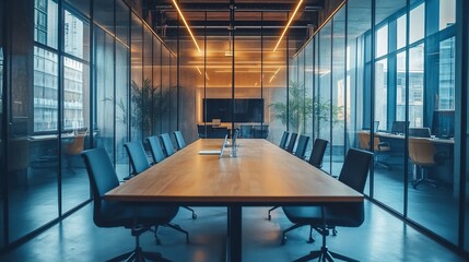 Wall Mural - Modern office meeting room with a long wooden table, chairs, and glass walls.