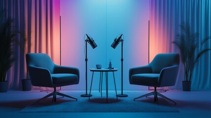 Minimalist podcast studio with a clean setup of two chairs, a table, and two microphones on stands, creating a professional recording atmosphere.