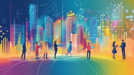 Canvas Print - A vibrant cityscape with diverse individuals engaging with technology and data visualization.