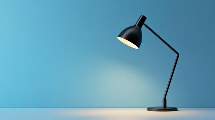 Sleek black desk lamp casting warm light against a cool blue wall, providing a minimalist and serene feel with soft shadows.