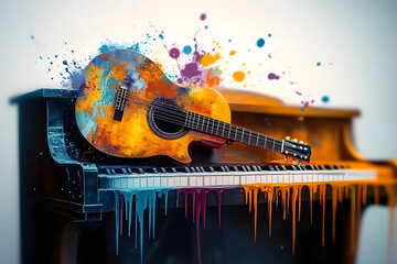 Canvas Print - a guitar and a piano with a splash of paint on it. generative ai