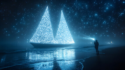 A person standing next to an illuminated sailboat, casting a soft glow against the night sky. The boat’s sails are gently illuminated, creating a serene ambiance on the water. The silhouette of the pe