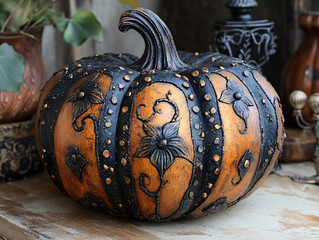 a carved pumpkin with a smirking expression, with a backdrop of a wooden table.