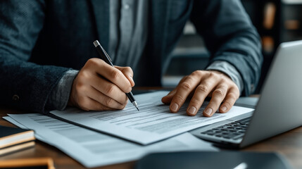 Sticker - Close-up of a person signing a document at a desk with a pen and laptop, wearing a suit jacket.