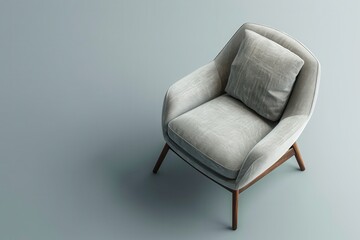 Modern upholstered armchair on a light grey background, showcasing its sleek design and wooden legs