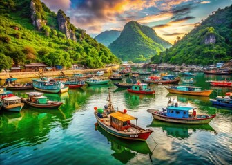 Serene View of a Busy Vietnam Port with Colorful Boats and Lush Green Hills in the Background