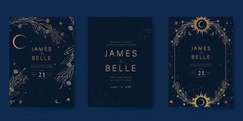 Wall Mural - luxury invitation card design vector set. elegant wedding card with little star moon and foliage dec