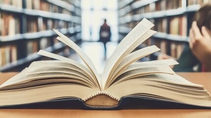 Poster - A close-up of an open book with pages slightly curled, resting on a library table, surrounded by soft light.