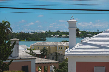 Picturesque old town historic building St. George city skyline cityscape with lush tropical gardens, parks, old backstreets and back alleys Caribbean paradise island Bermuda