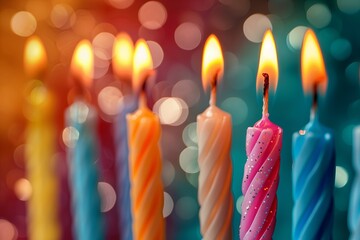 happy birthday lit candles on brown background