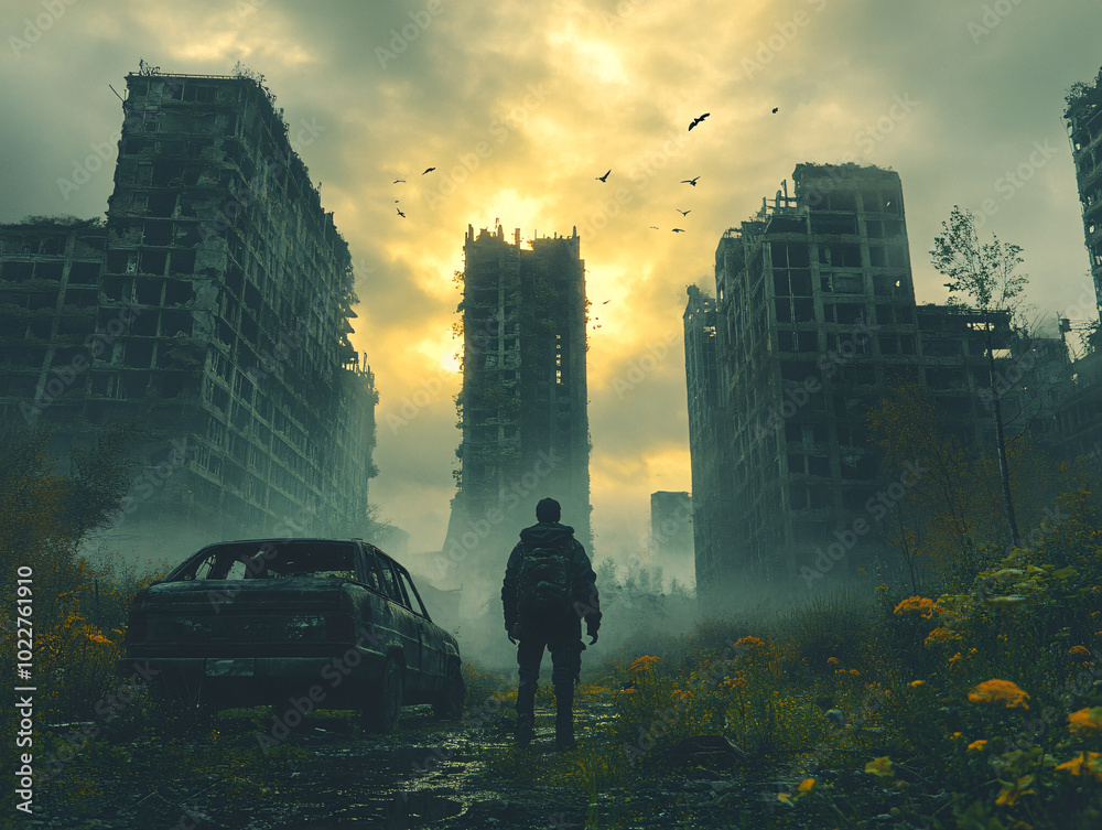 Overrun Scene Background a post-apocalyptic scene with a lone figure walking away from the ...