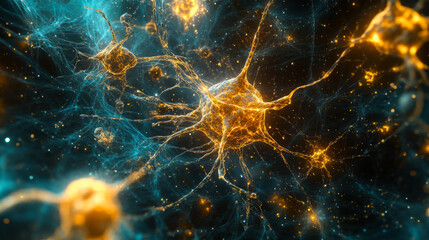 Poster - Golden neurons and neural connections illuminated in a vibrant scientific illustration showcasing brain activity