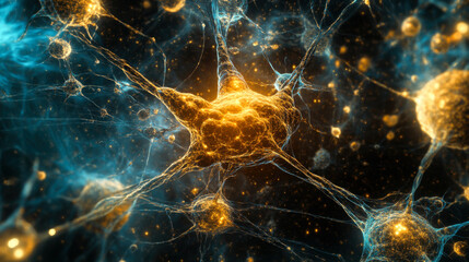 Poster - Golden neurons and neural connections illuminated in a vibrant scientific illustration showcasing brain activity