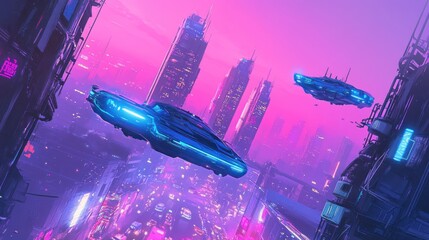 Wall Mural - Futuristic cityscape with flying vehicles and neon lights.