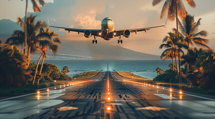 Poster - A close-up of a runway with an airplane taking off during the day, Palm trees and the ocean serve as the background.