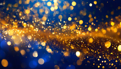 Poster - Golden and blue shimmering particles create an enchanting background filled with light during a festive celebration or event