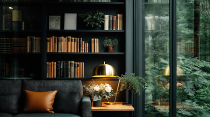 Poster - Cozy reading nook with book-filled shelves, modern lamp, and decorative plants by a large window with garden view.