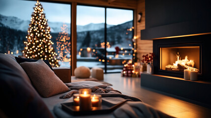 Poster - Cozy living room with a fireplace, candles, and a Christmas tree with lights. Large windows offer a snowy mountain view. Comfortable seating area with pillows and a blanket.