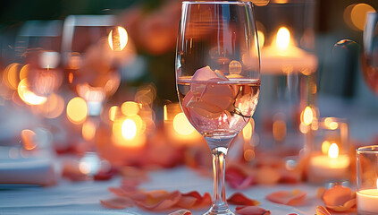 A rows glasses sitting on a table adorned in a white table cloth with pink rose petals and candles surrounding the drinks.