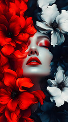 Wall Mural - A painting of a woman's face with vibrant red, stark white and deep black flowers in her center