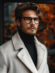 Poster - A handsome man, wearing light shade coat and pant, black shirt, black glasses.