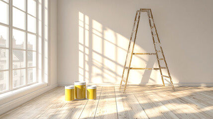 Wall Mural - Empty room with wooden floor, white walls, and painting supplies ready for home renovation with ladder and yellow paint cans near bright window light