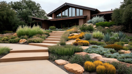 Wall Mural - Modern house with large windows surrounded by drought-tolerant landscaping and native plants, featuring stone pathways and vibrant greenery.