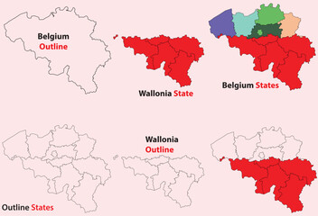  Wallonia map vector of Belgium, Wallonia line map, Wallonia with city map, Wallonia outline map