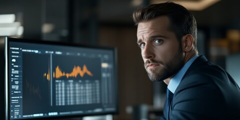 Aufkleber - A focused young professional analyzes data on a computer screen in a modern office. The stylish suit and serious expression reflect a commitment to success. 